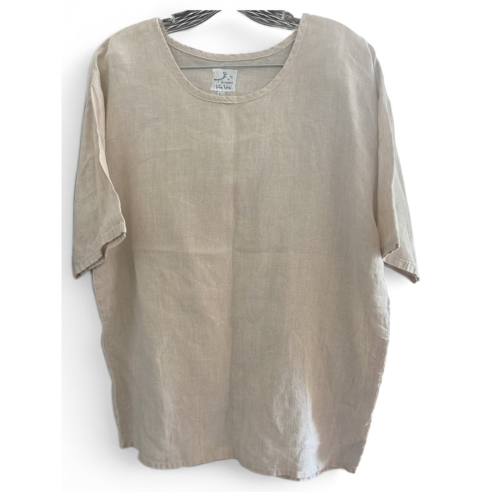 Via Vai by Pollero Womens Large Linen Tunic Top Oatmeal Beige Short Sleeve Boxy